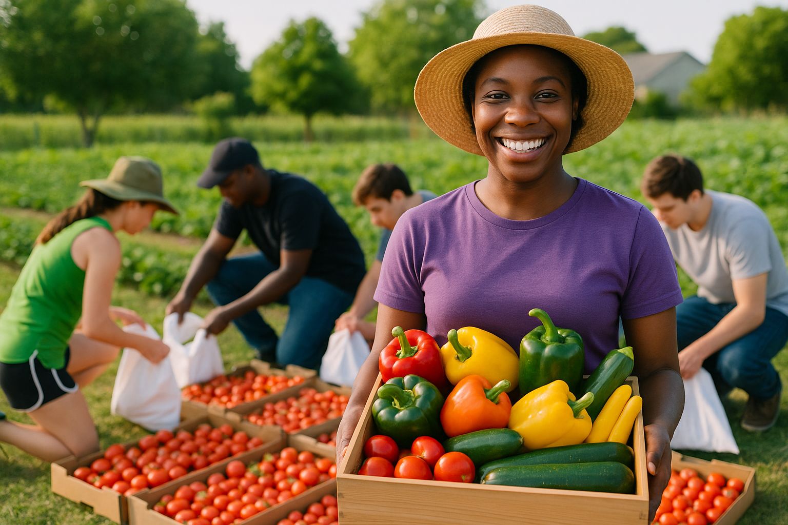 Close-up of freshly harvested vegetables in a community garden, promoting healthy eating.